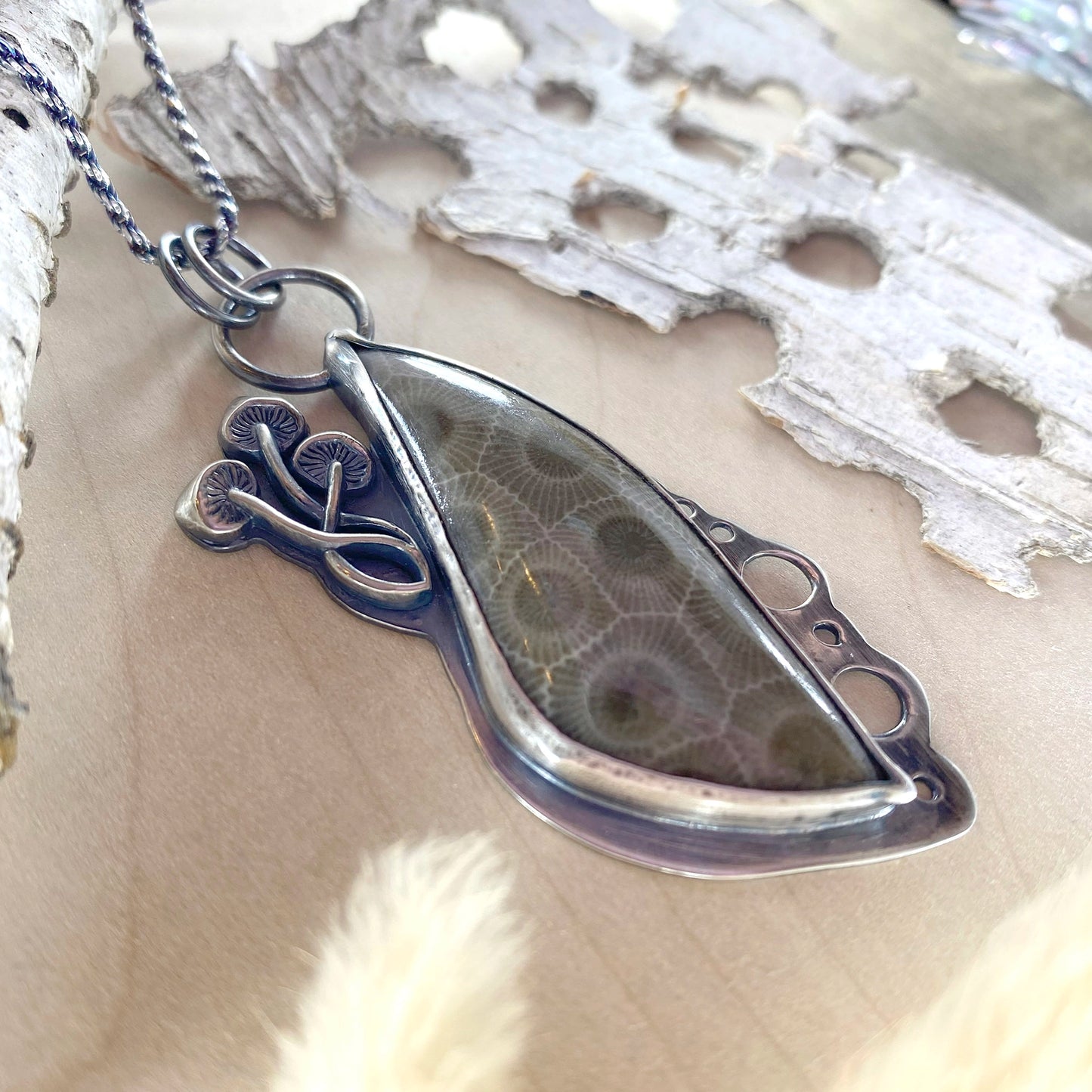 Petoskey Stone Mushroom Pendant Necklace Front View - Stone Treasures by the Lake
