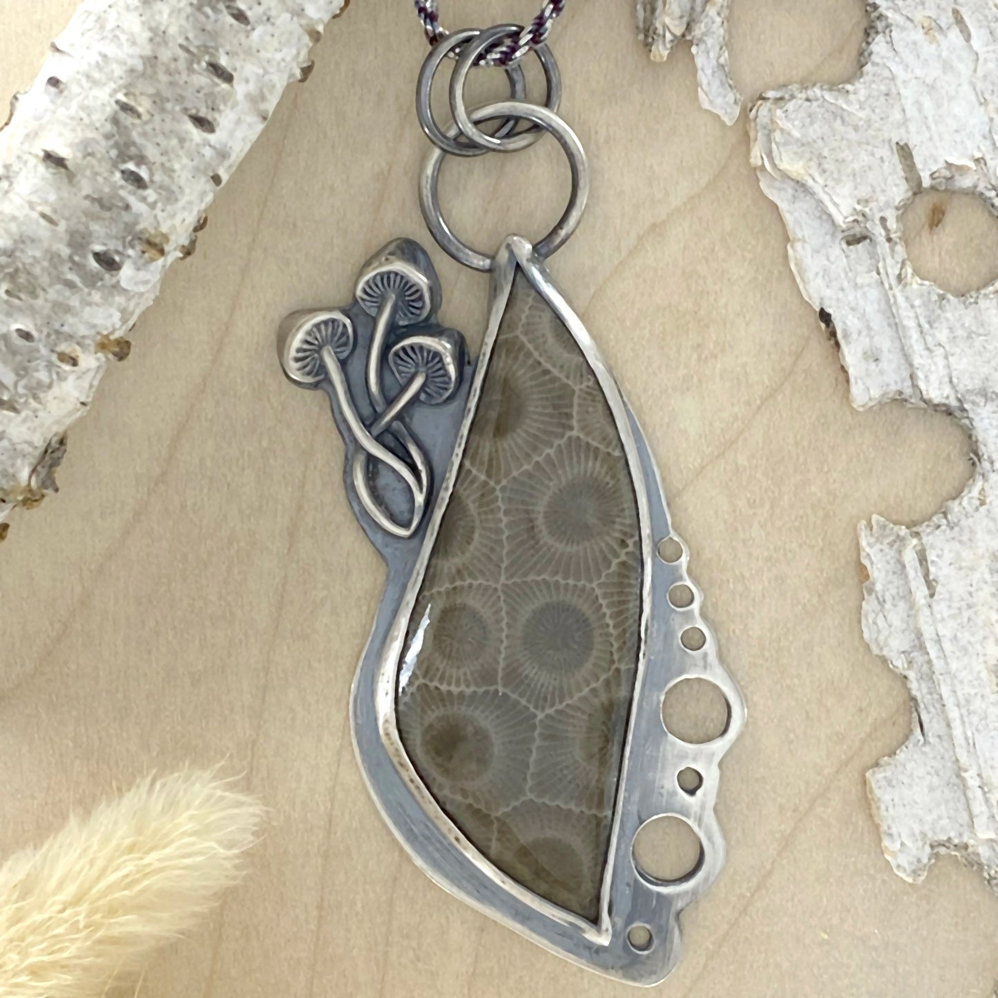 Petoskey Stone Mushroom Pendant Necklace Front View - Stone Treasures by the Lake