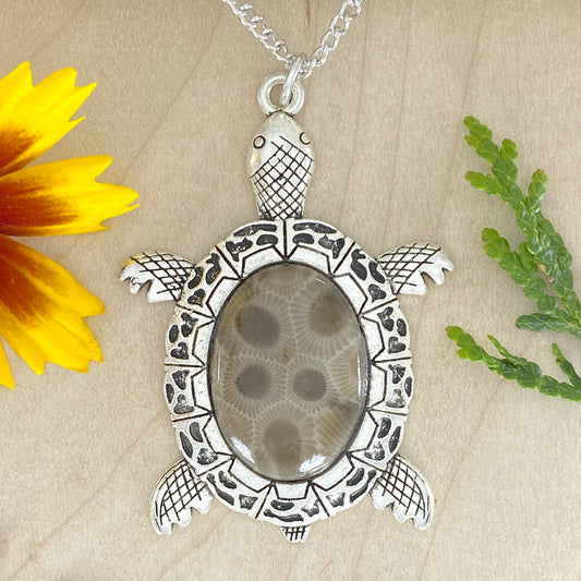 Petoskey Stone Turtle Pendant Necklace - Stone Treasures by the Lake