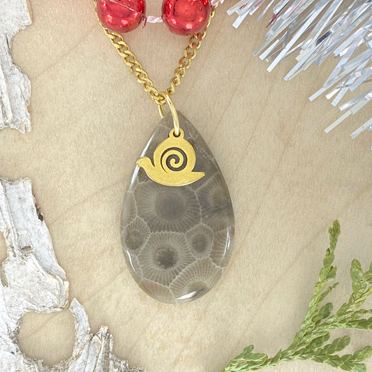 Petoskey Stone Snail Pendant Necklace - Stone Treasures by the Lake