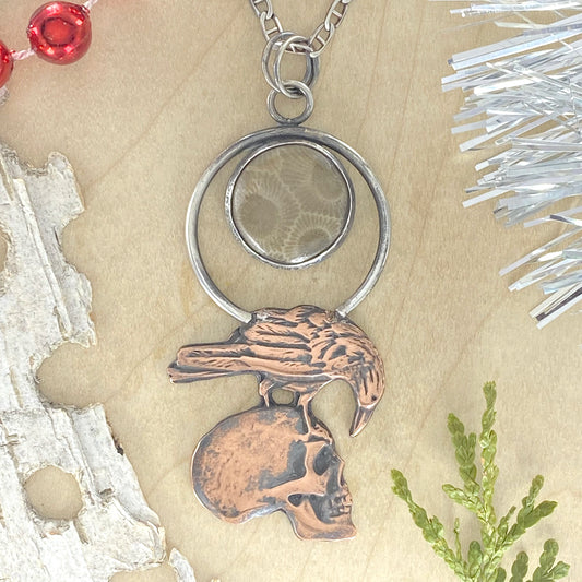 Petoskey Stone with Raven and Skull - Stone Treasures by the Lake