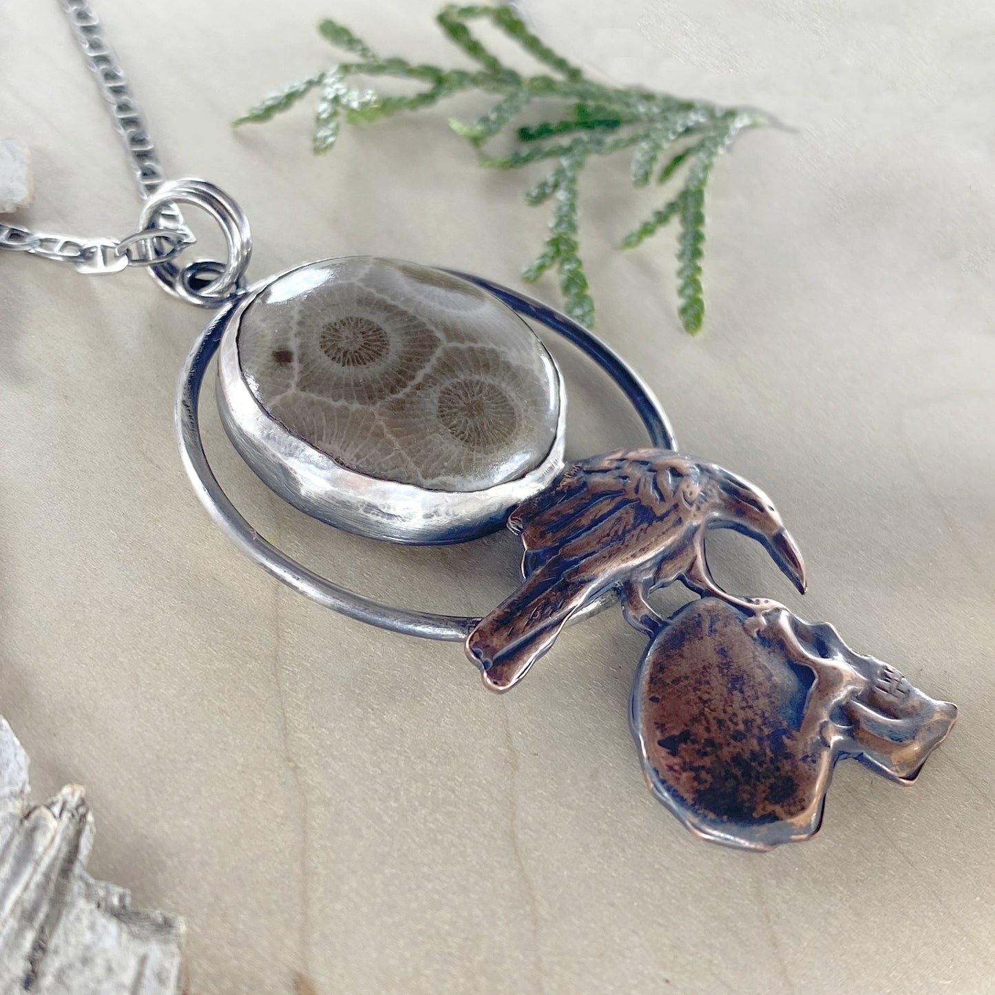 Petoskey Stone with Raven and Skull - Stone Treasures by the Lake