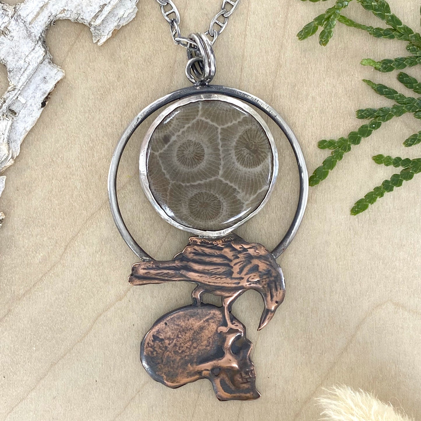 Petoskey Stone with Raven and Skull - Stone Treasures by the Lake