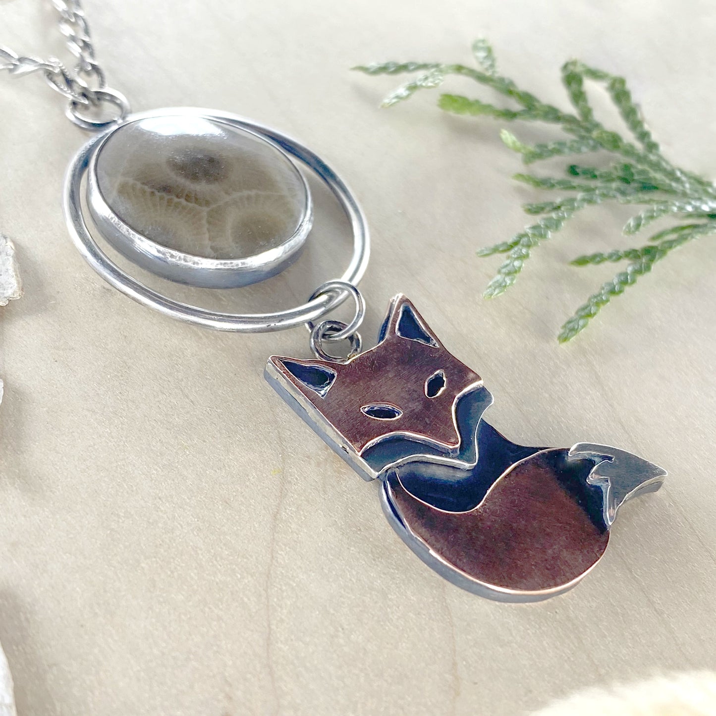 Petoskey Stone with Fox Pendant Necklace - Stone Treasures by the Lake