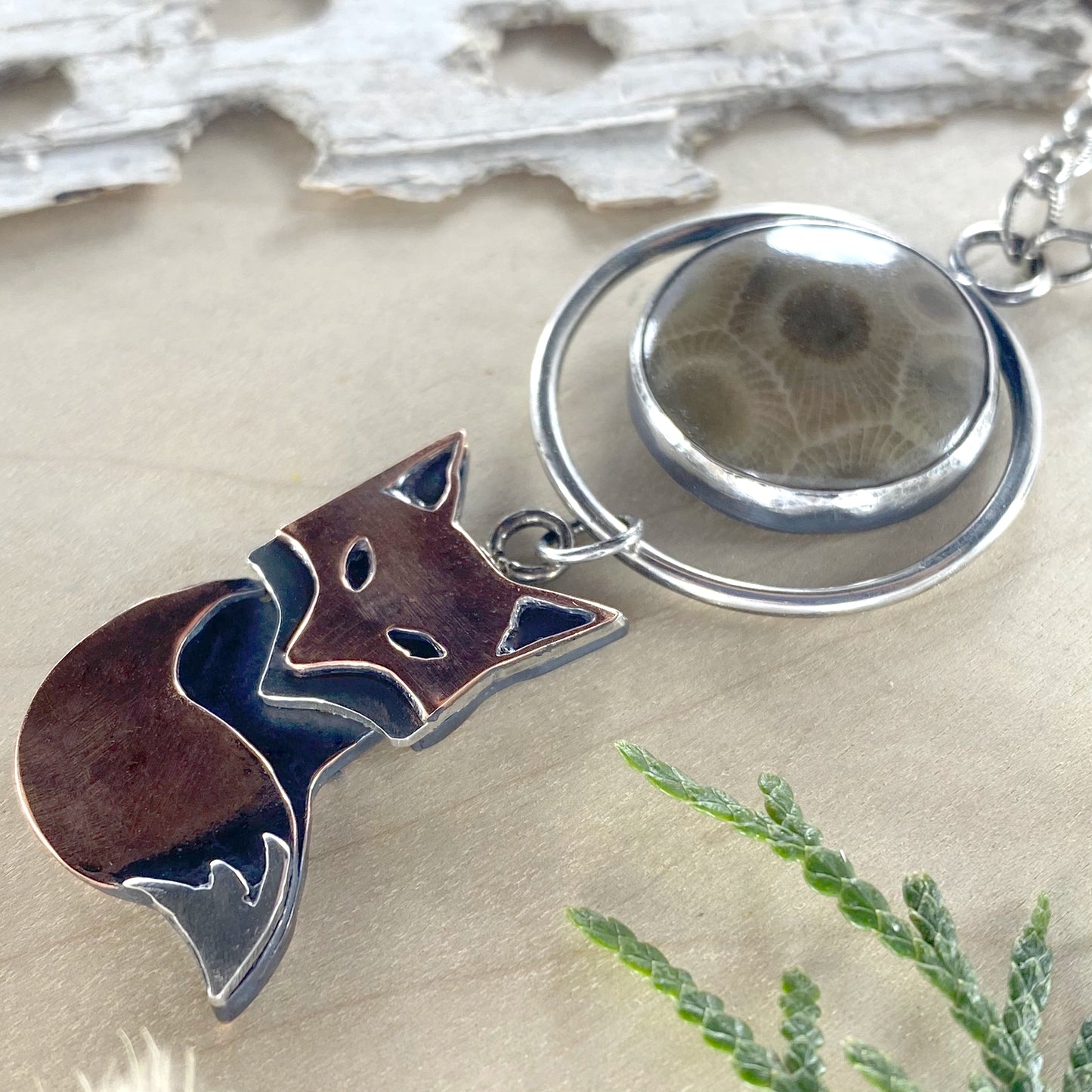 Petoskey Stone with Fox Pendant Necklace - Stone Treasures by the Lake