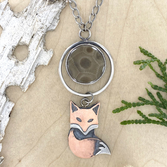 Petoskey Stone with Fox Pendant Necklace - Stone Treasures by the Lake