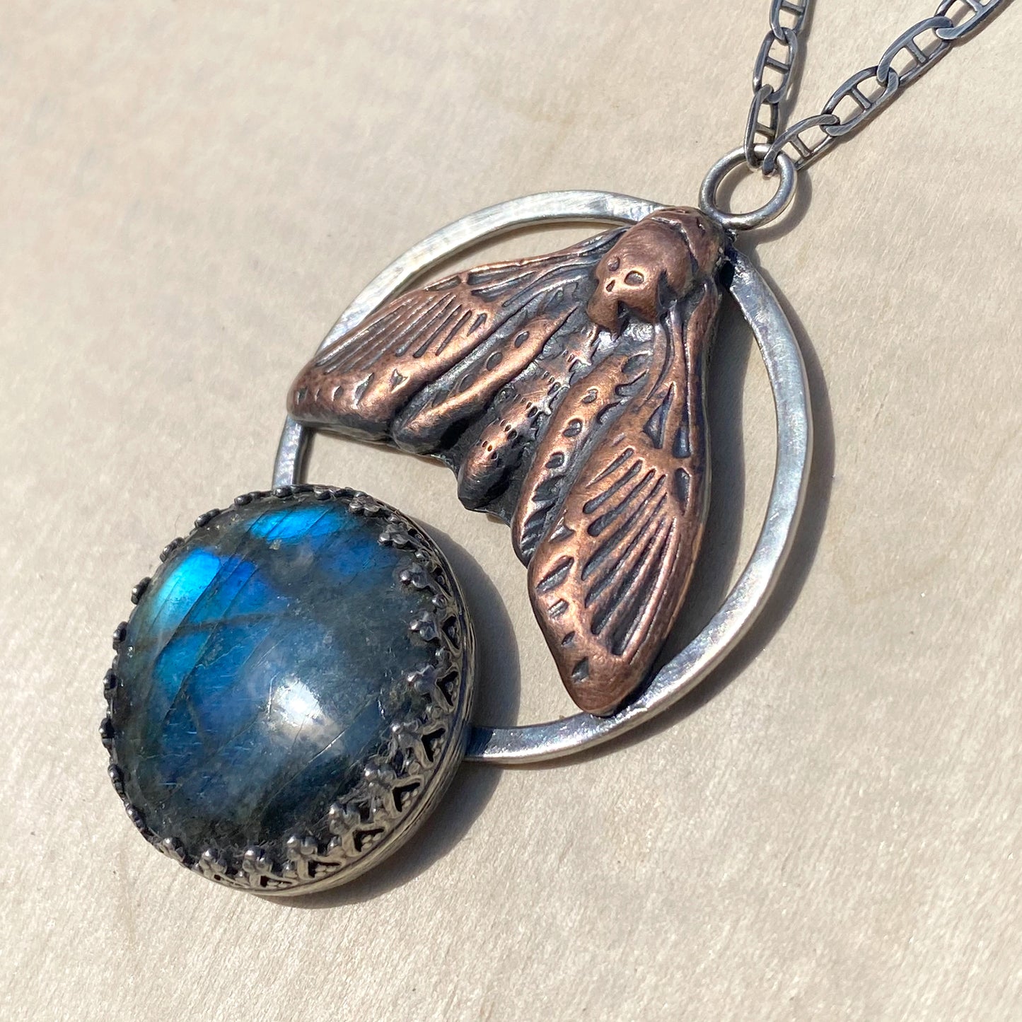 Labradorite Death's Head Hawk-Moth Pendant Necklace - Stone Treasures by the Lake