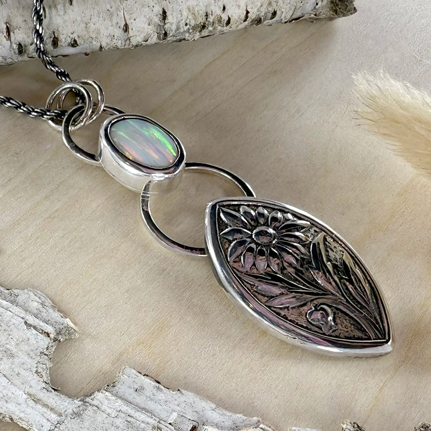 Kyocera Opal with Daisy Pendant Necklace - Stone Treasures by the Lake
