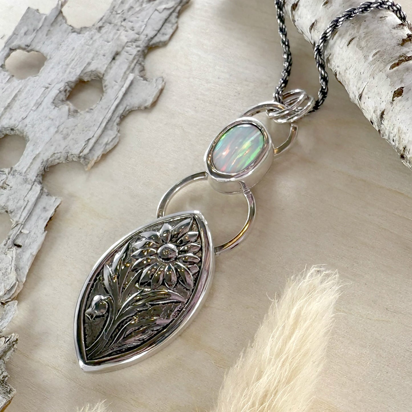 Kyocera Opal with Daisy Pendant Necklace - Stone Treasures by the Lake