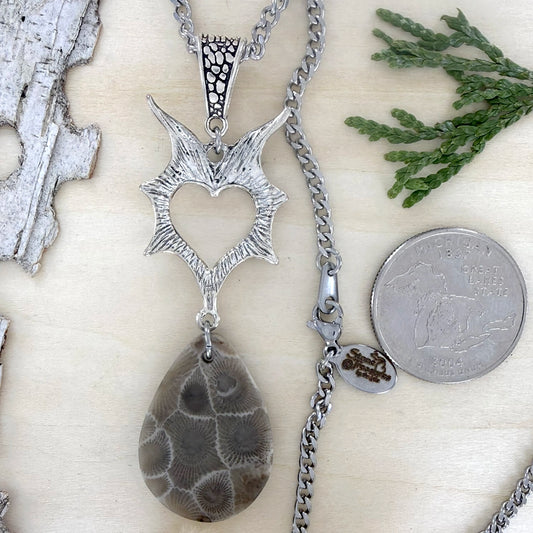 Petoskey Stone Heart Charm Pendant Necklace - Stone Treasures by the Lake