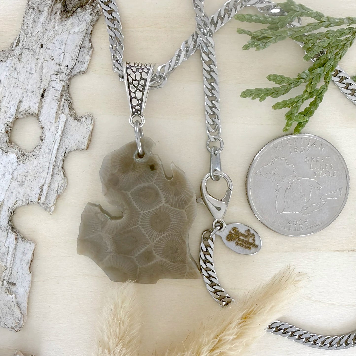 Michigan Shaped Petoskey Stone Swirl Pendant Necklace - Stone Treasures by the Lake