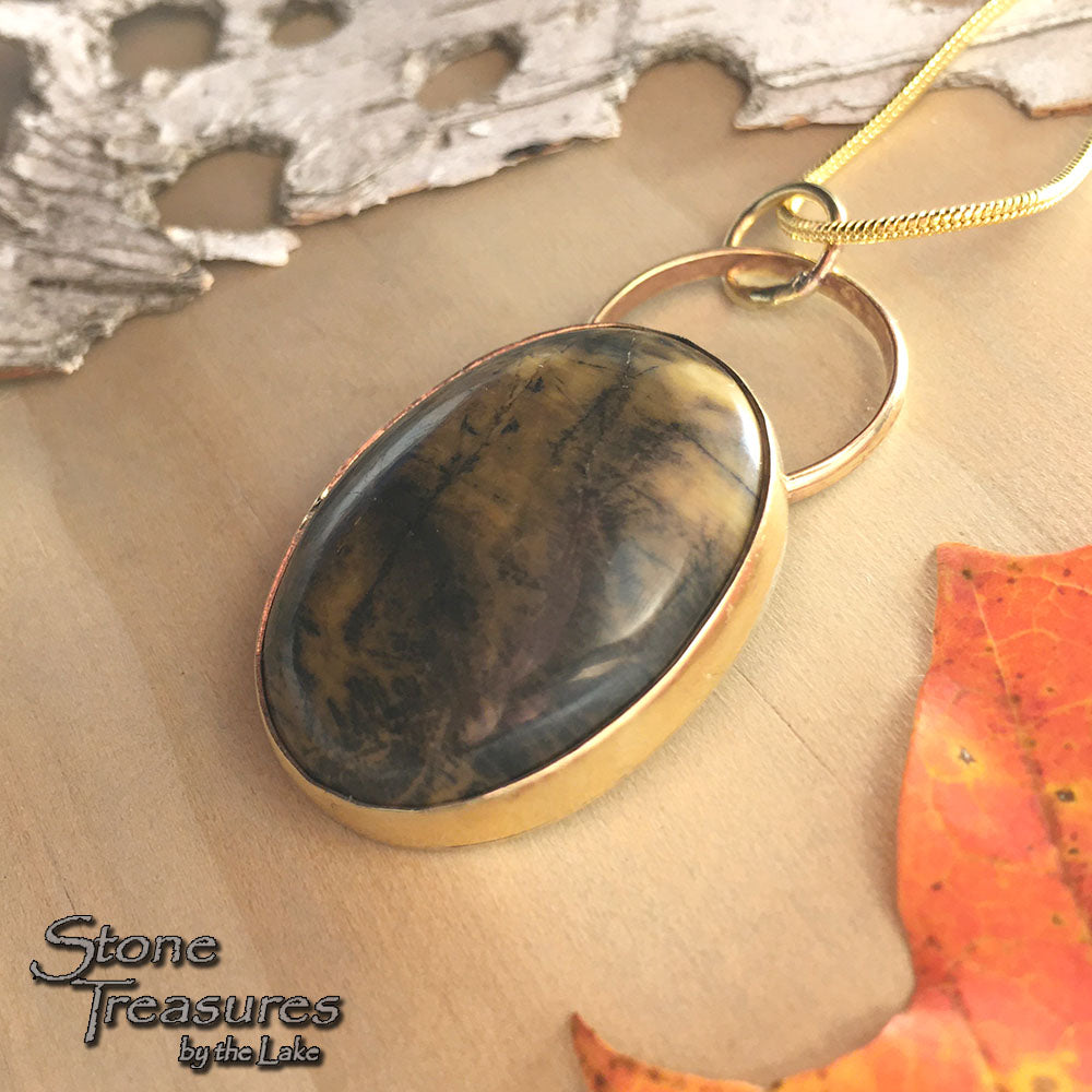 Yellow Feather Jasper Pendant Necklace Front View - Stone Treasures by the Lake
