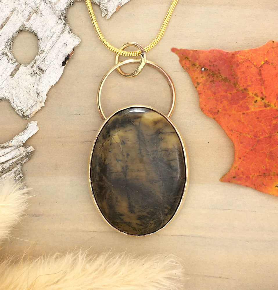 Yellow Feather Jasper Pendant Necklace Front View 2 - Stone Treasures by the Lake