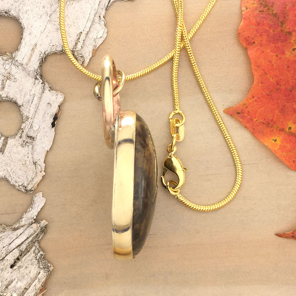 Yellow Feather Jasper Pendant Necklace Side View - Stone Treasures by the Lake