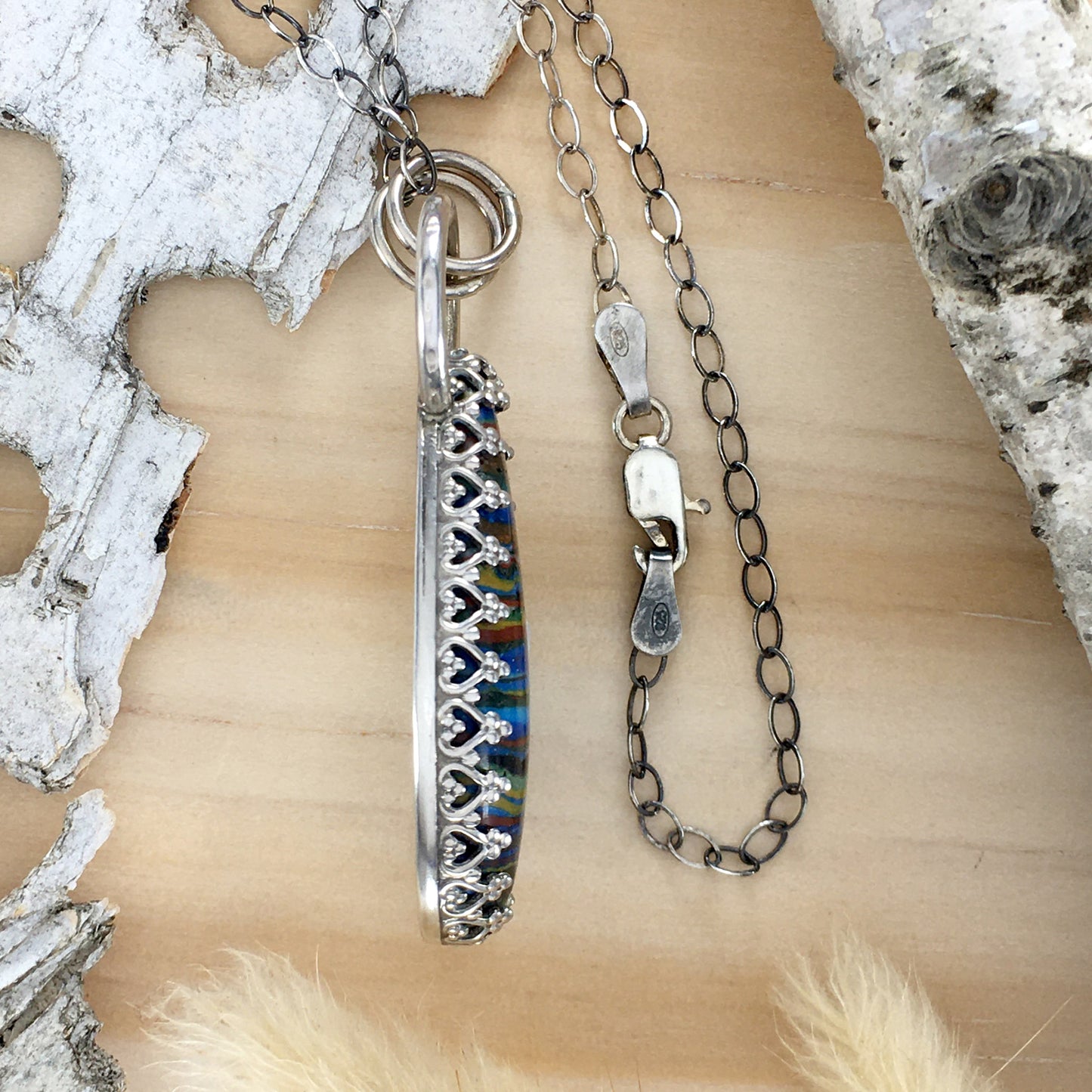 Rainbow Calsilica Pendant Necklace Side View - Stone Treasures by the Lake