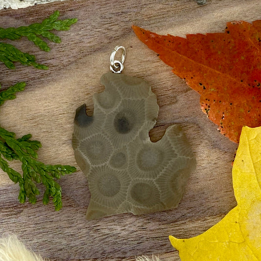 Michigan Shaped Petoskey Stone Pendant Front View - Stone Treasures by the Lake