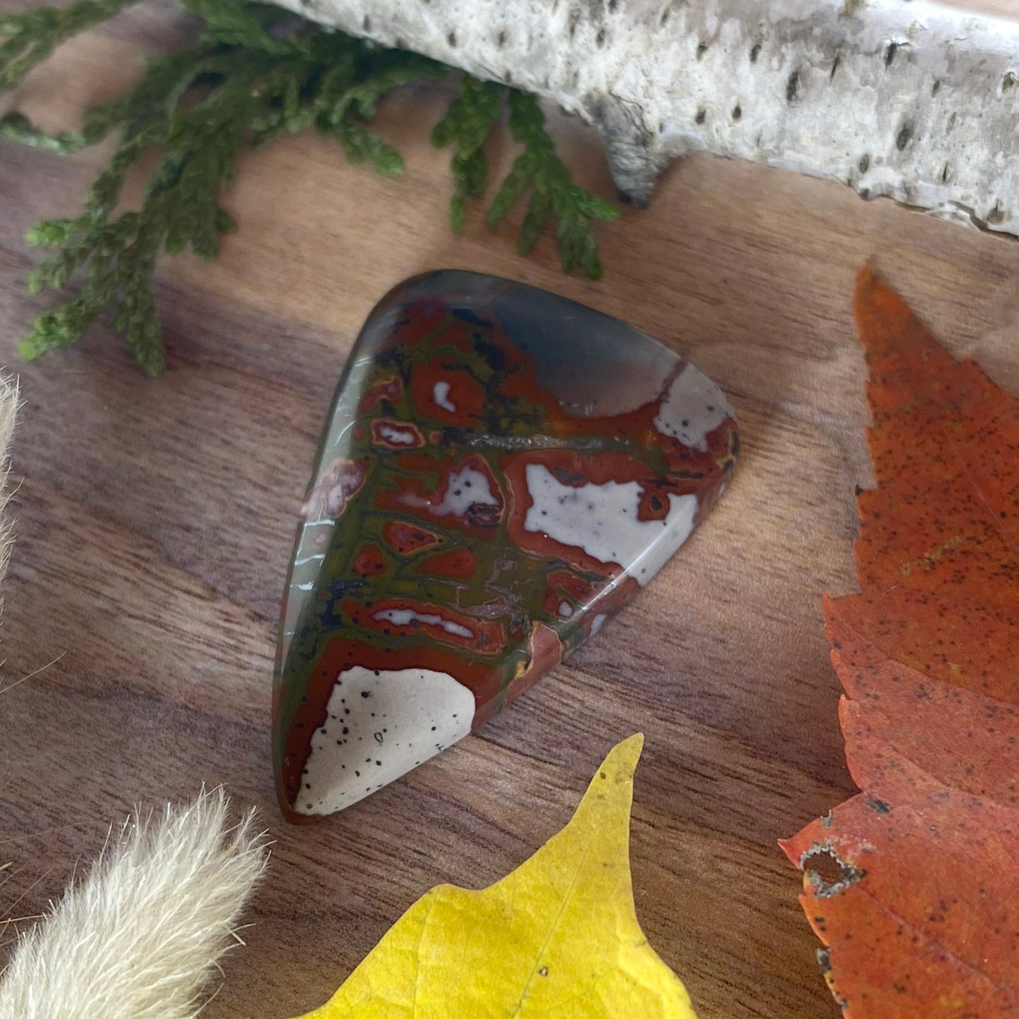 Red and Green Blanket Rhyolite Cabochon Front View III - Stone Treasures by the Lake