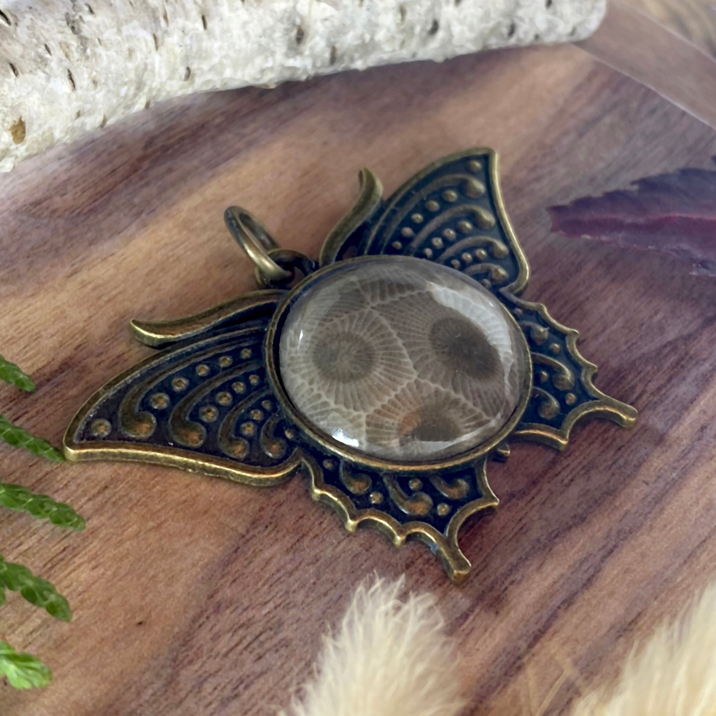 Petoskey Stone Butterfly Pendant Front View II - Stone Treasures by the Lake