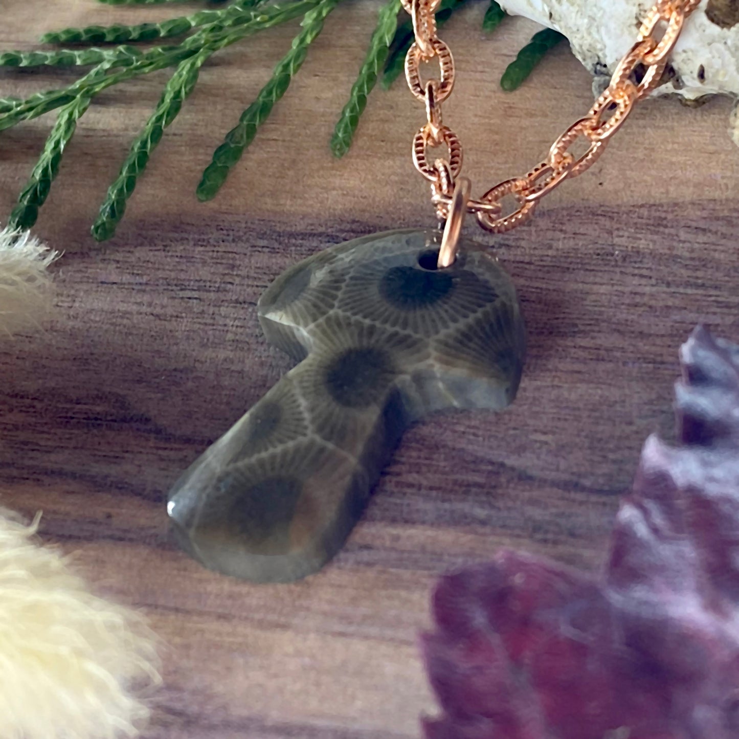 Petoskey Stone Mushroom Pendant Necklace Front View III - Stone Treasures by the Lake