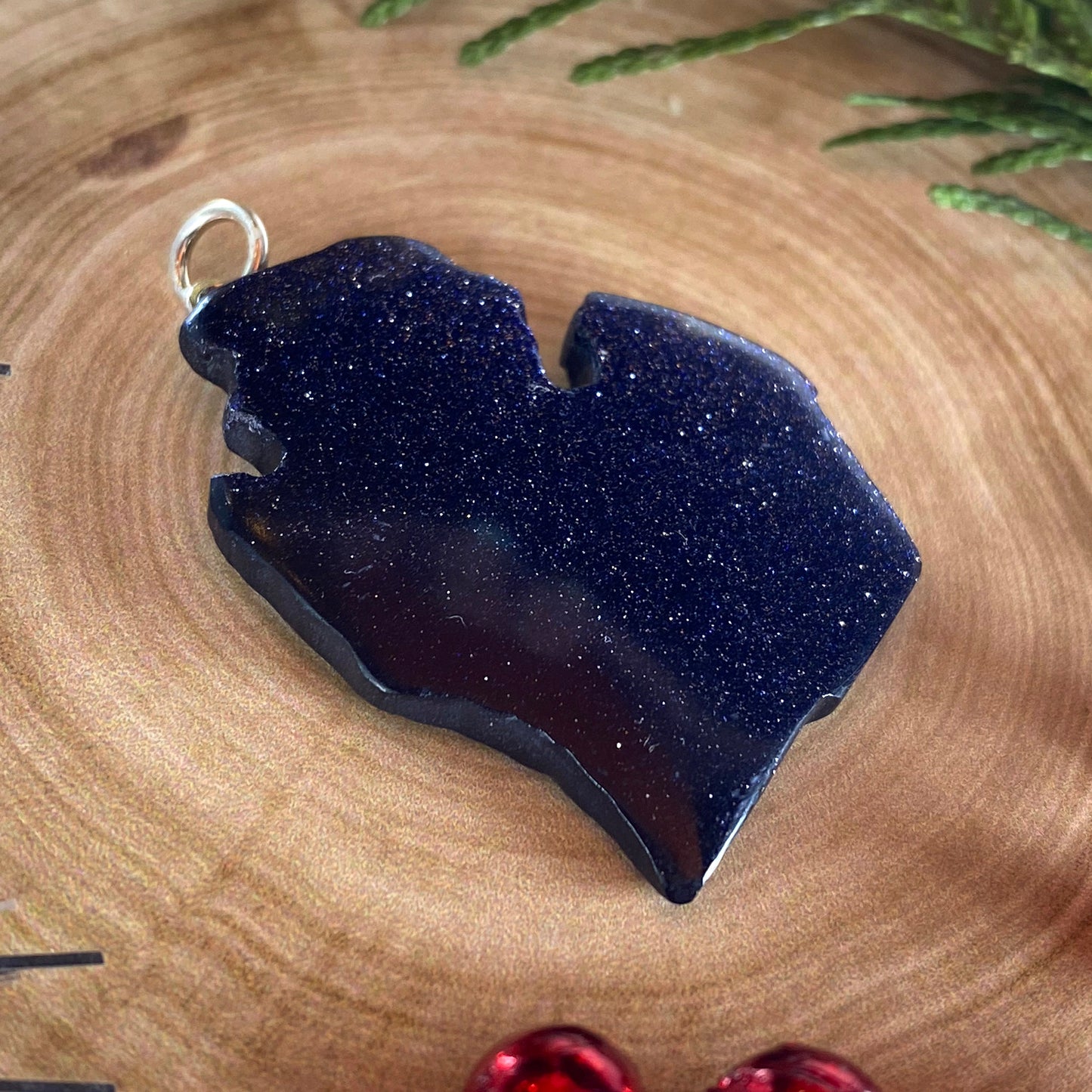 Michigan Shaped Goldstone Pendant Front View II - Stone Treasures by the Lake