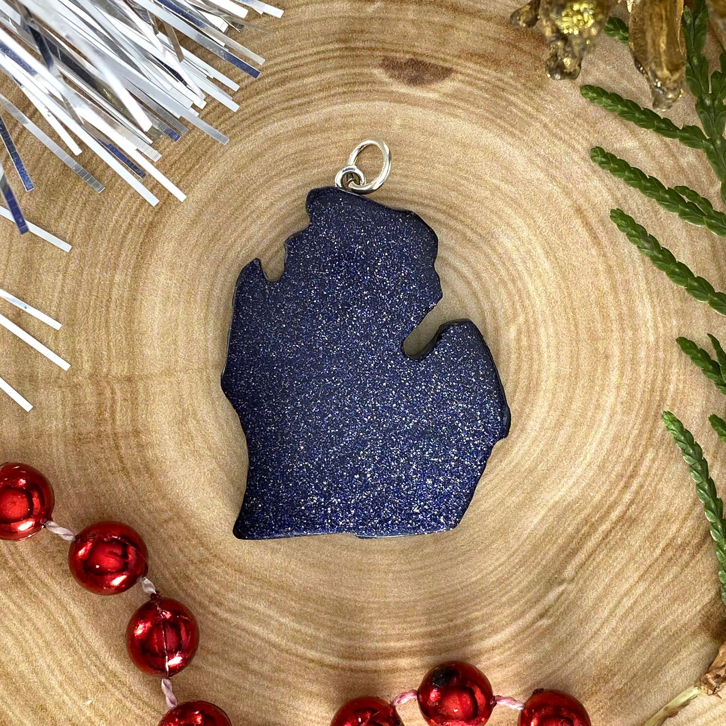 Michigan Shaped Goldstone Pendant Front View - Stone Treasures by the Lake