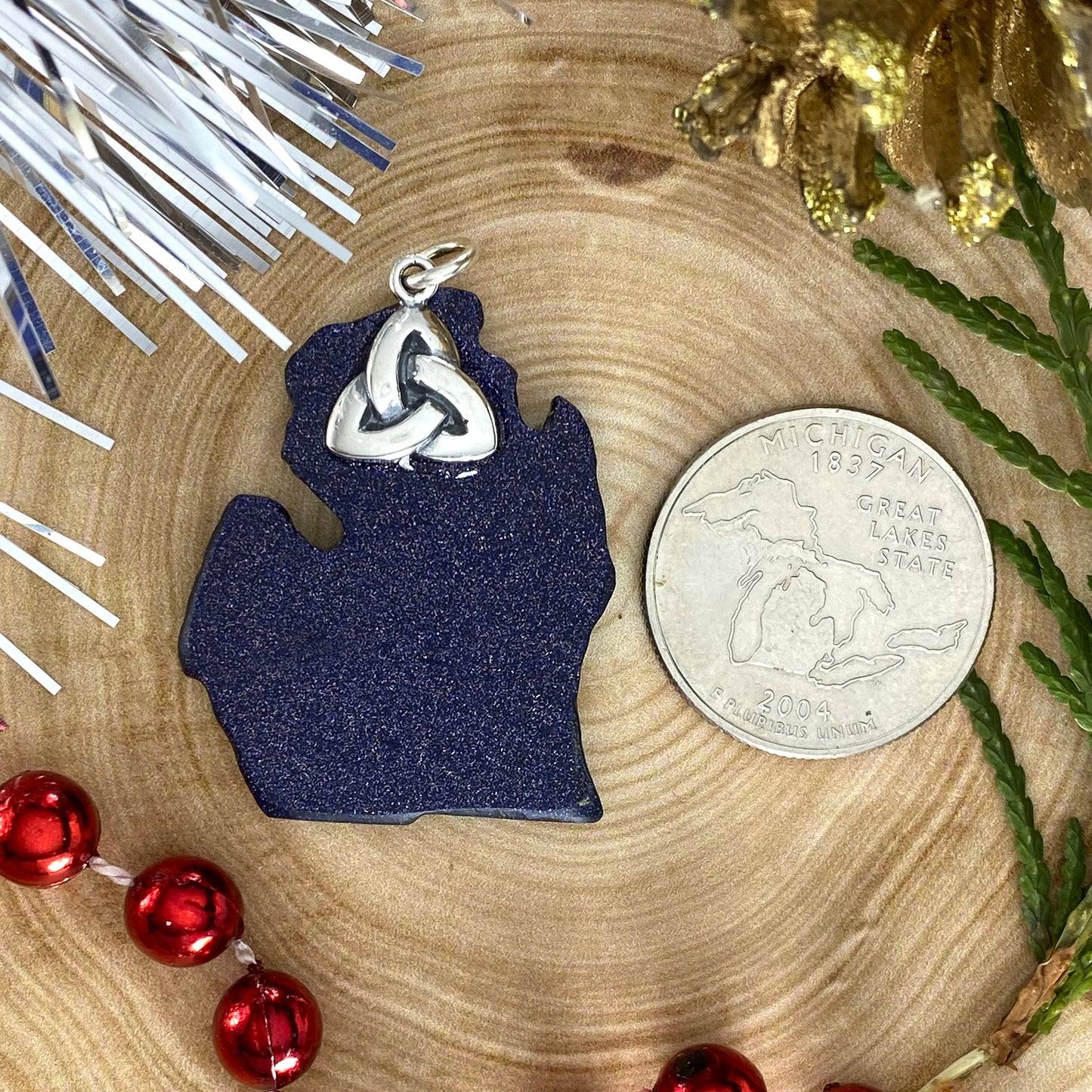 Michigan Shaped Goldstone Pendant Back View - Stone Treasures by the Lake
