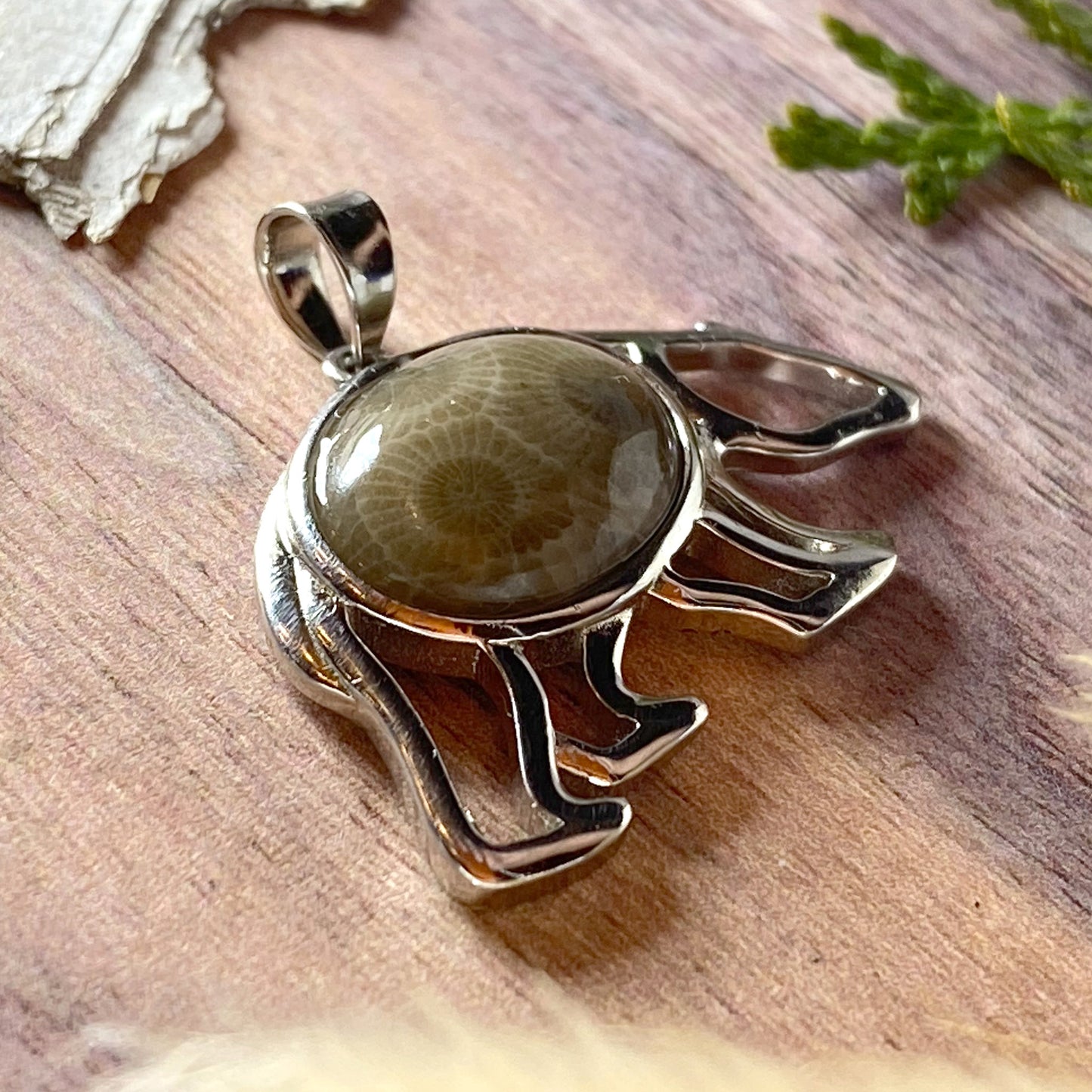 Petoskey Stone Bear Pendant Front View III - Stone Treasures by the Lake