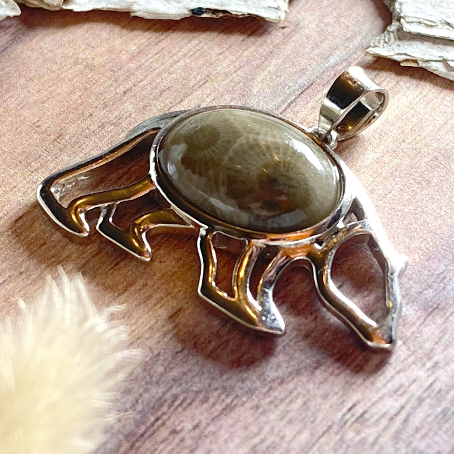 Petoskey Stone Bear Pendant Front View II - Stone Treasures by the Lake
