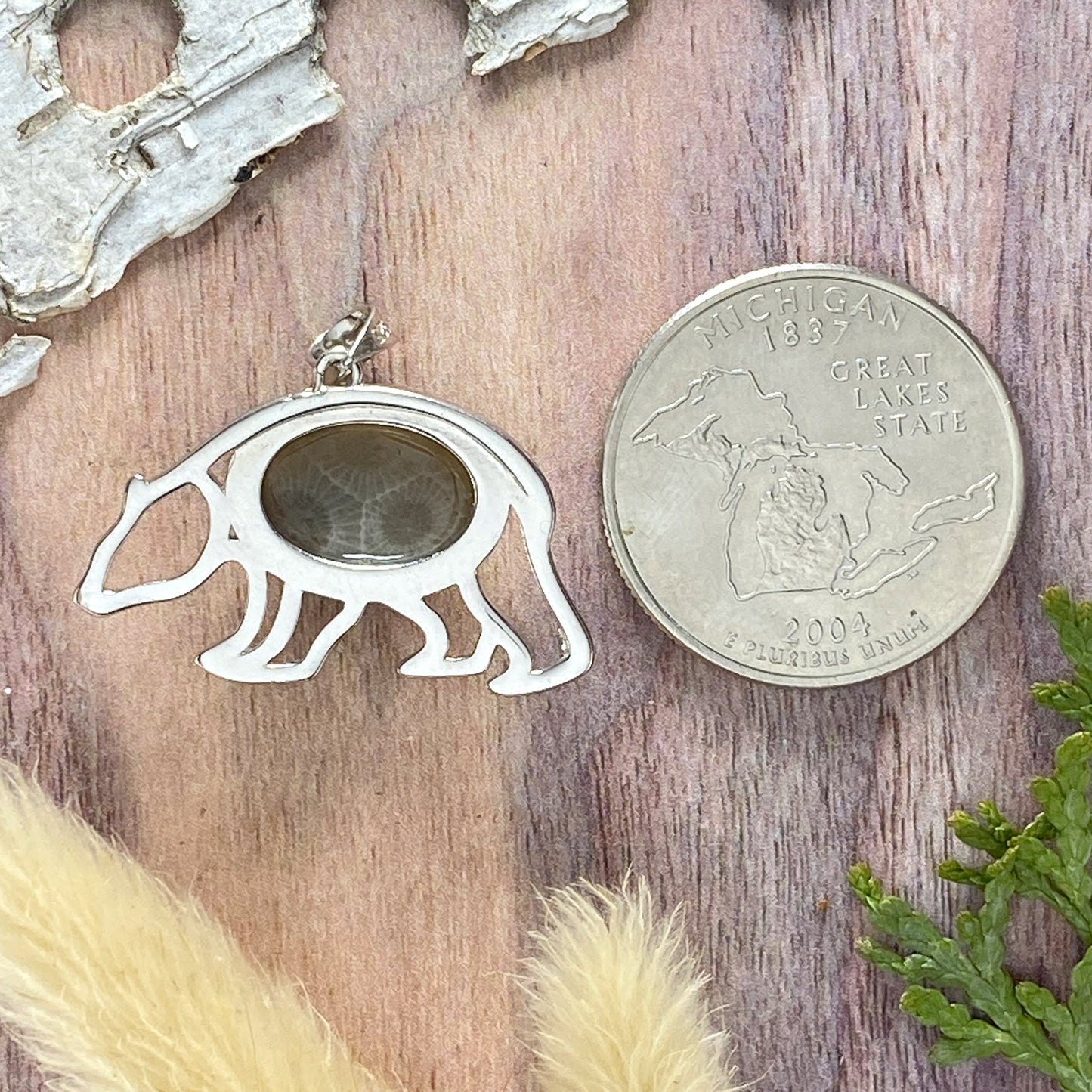 Petoskey Stone Bear Pendant Back View - Stone Treasures by the Lake