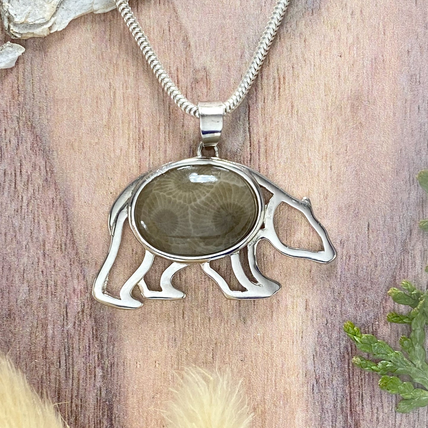 Petoskey Stone Bear Pendant Front View IV - Stone Treasures by the Lake