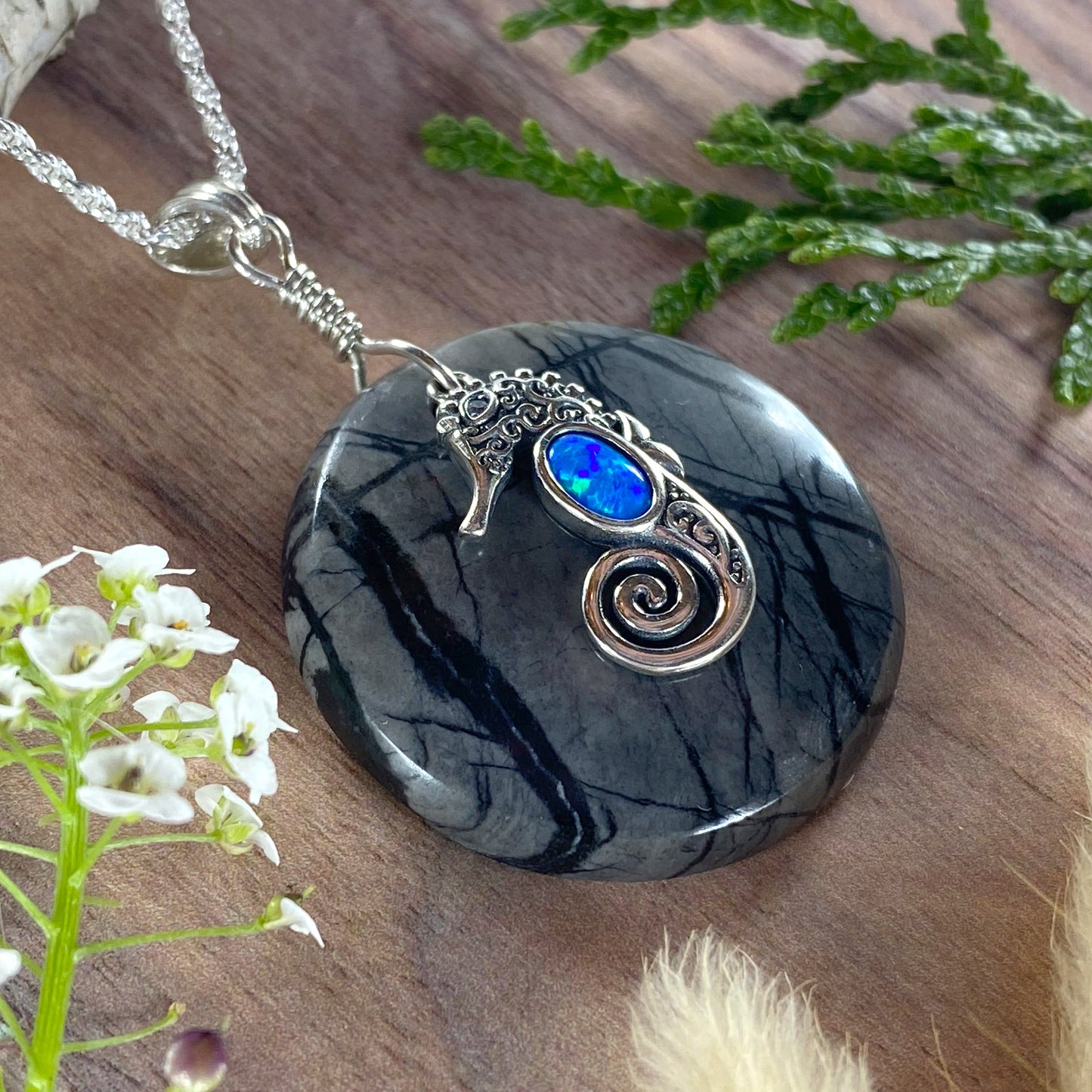 Picasso Marble with Seahorse Pendant Necklace Front View II - Stone Treasures by the Lake
