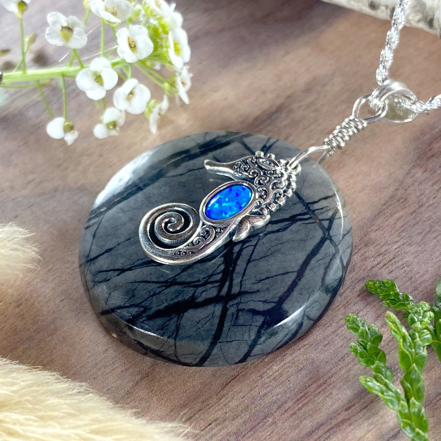 Picasso Marble with Seahorse Pendant Necklace Front View III - Stone Treasures by the Lake