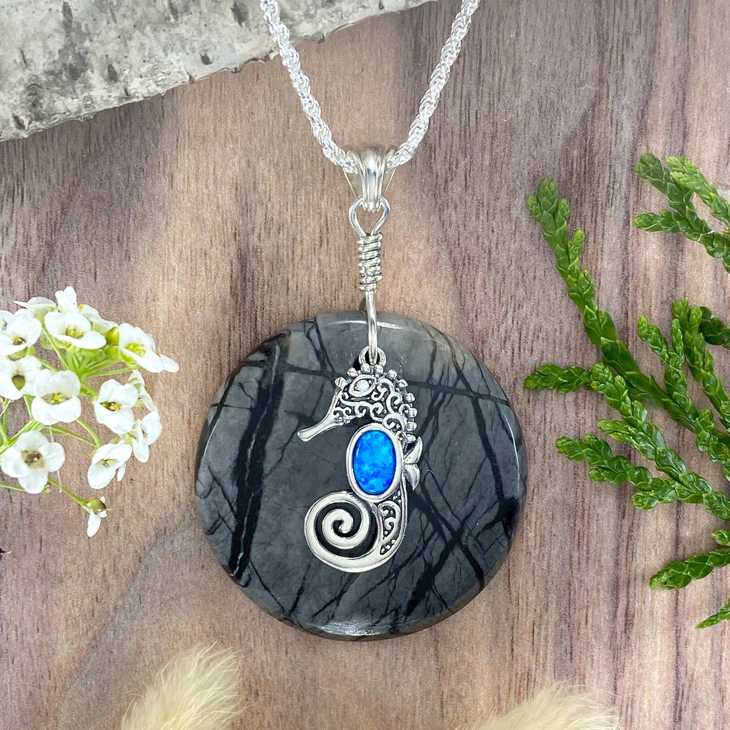 Picasso Marble with Seahorse Pendant Necklace Front View - Stone Treasures by the Lake