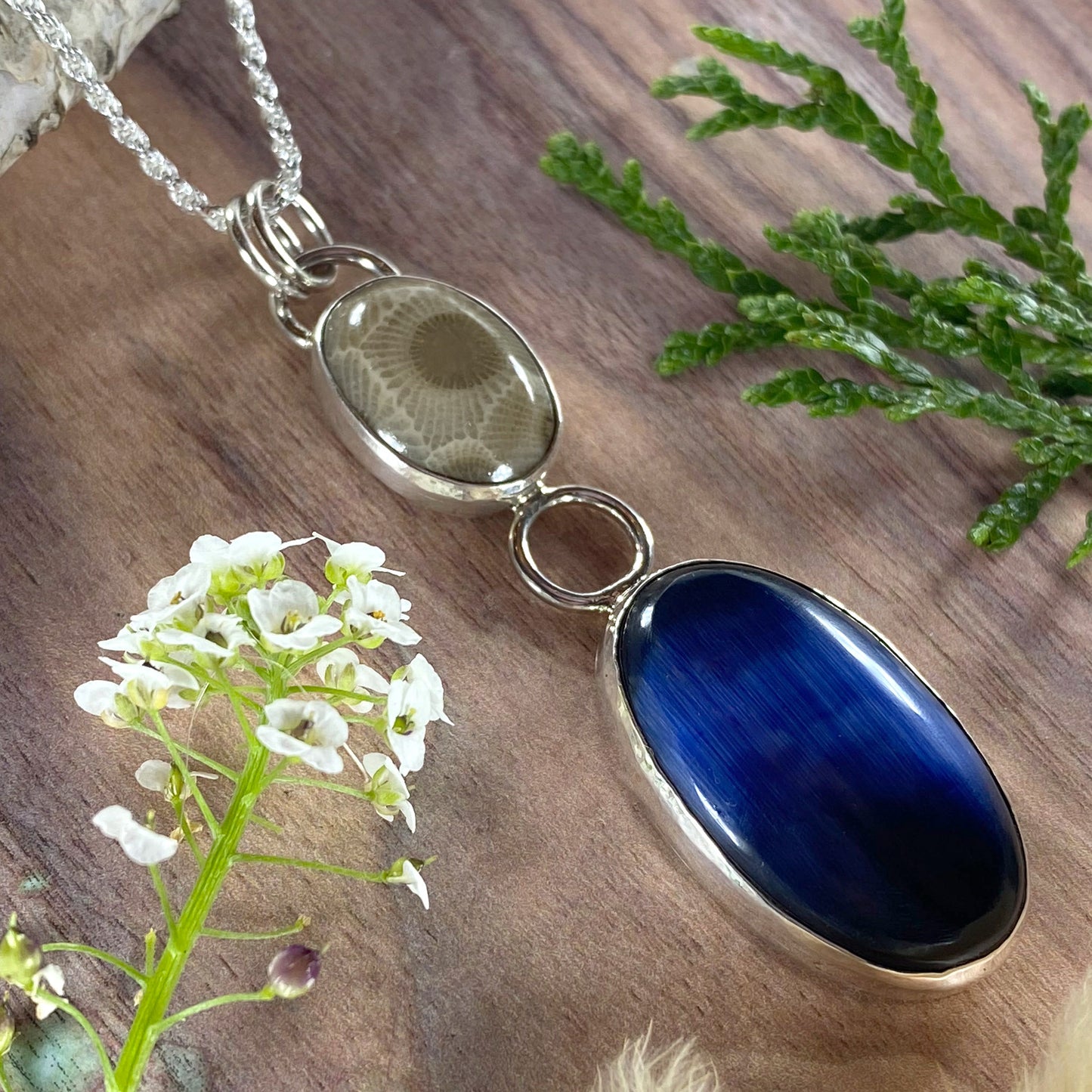 Petoskey Stone and Fiber Optic Glass Pendant Necklace Front View III - Stone Treasures by the Lake