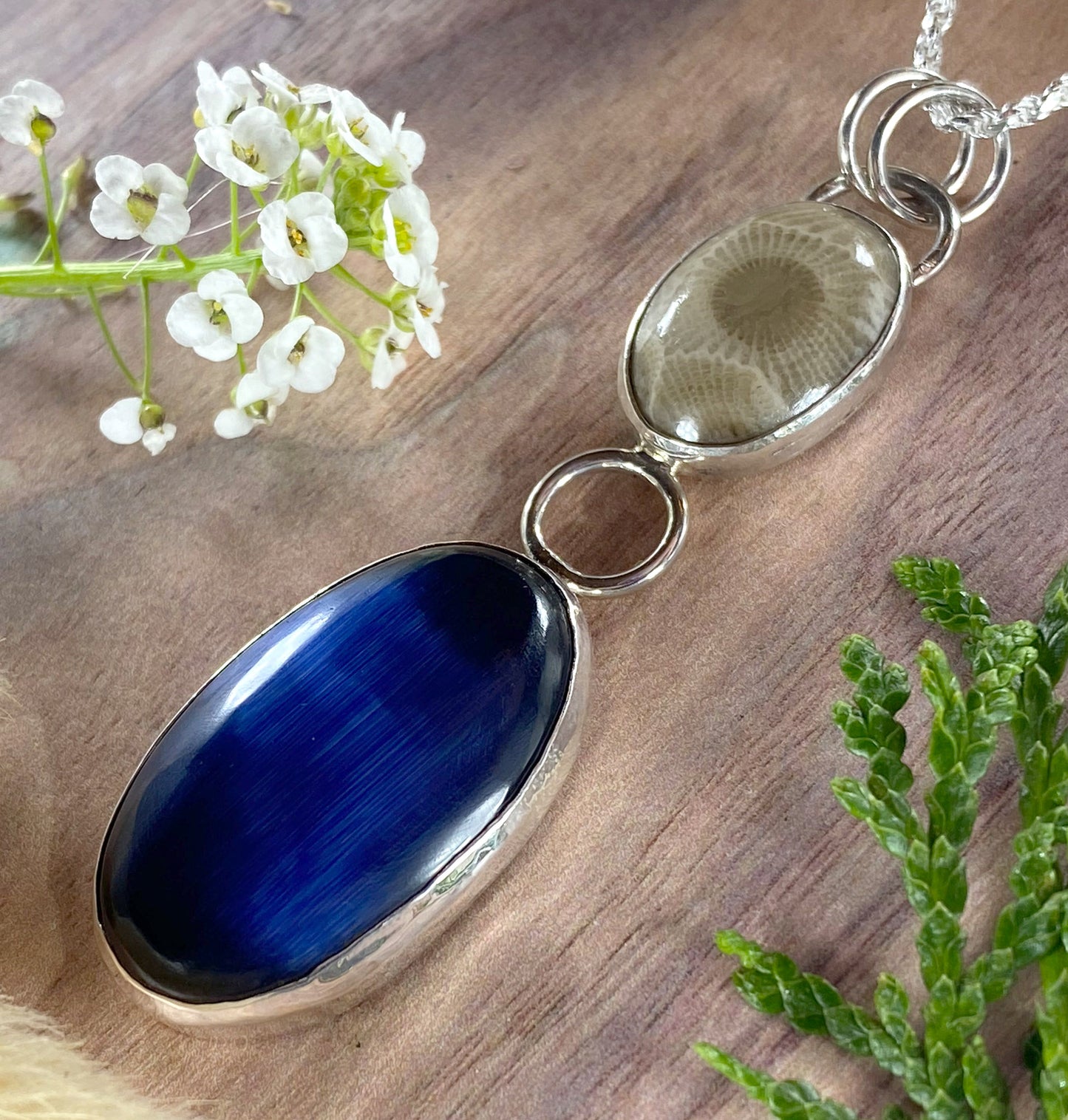 Petoskey Stone and Fiber Optic Glass Pendant Necklace Front View II - Stone Treasures by the Lake