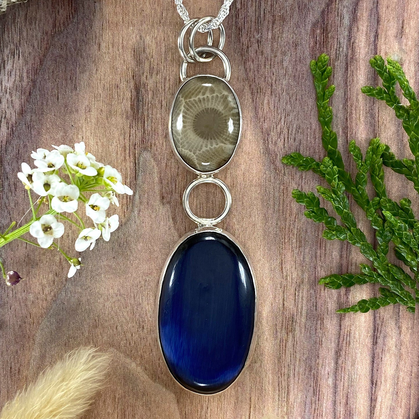 Petoskey Stone and Fiber Optic Glass Pendant Necklace Front View - Stone Treasures by the Lake