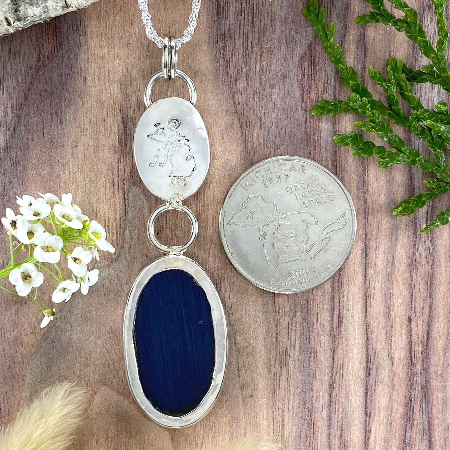 Petoskey Stone and Fiber Optic Glass Pendant Necklace Back View - Stone Treasures by the Lake