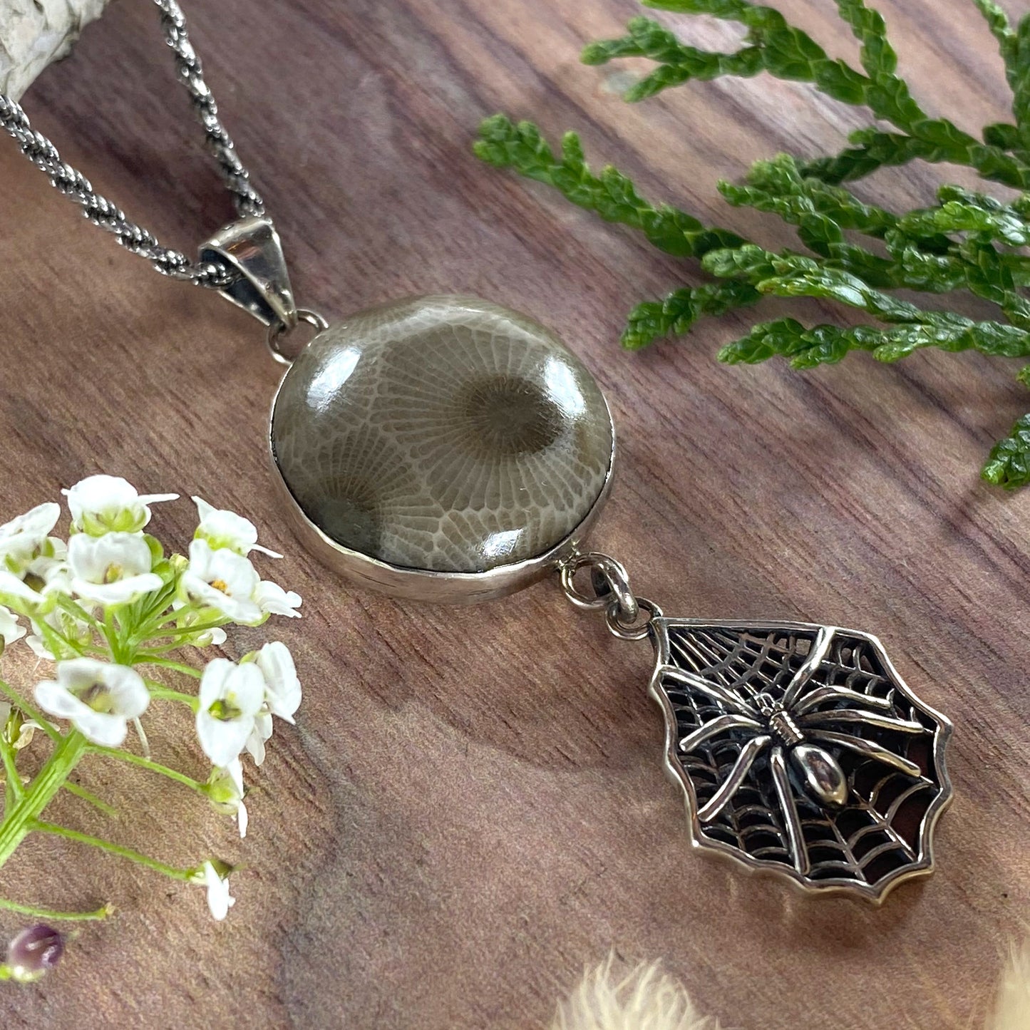 Petoskey Stone with Spider Charm Pendant Necklace Front View II - Stone Treasures by the Lake