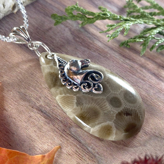 Petoskey Stone Unicorn Charm Pendant Front View II - Stone Treasures by the Lake