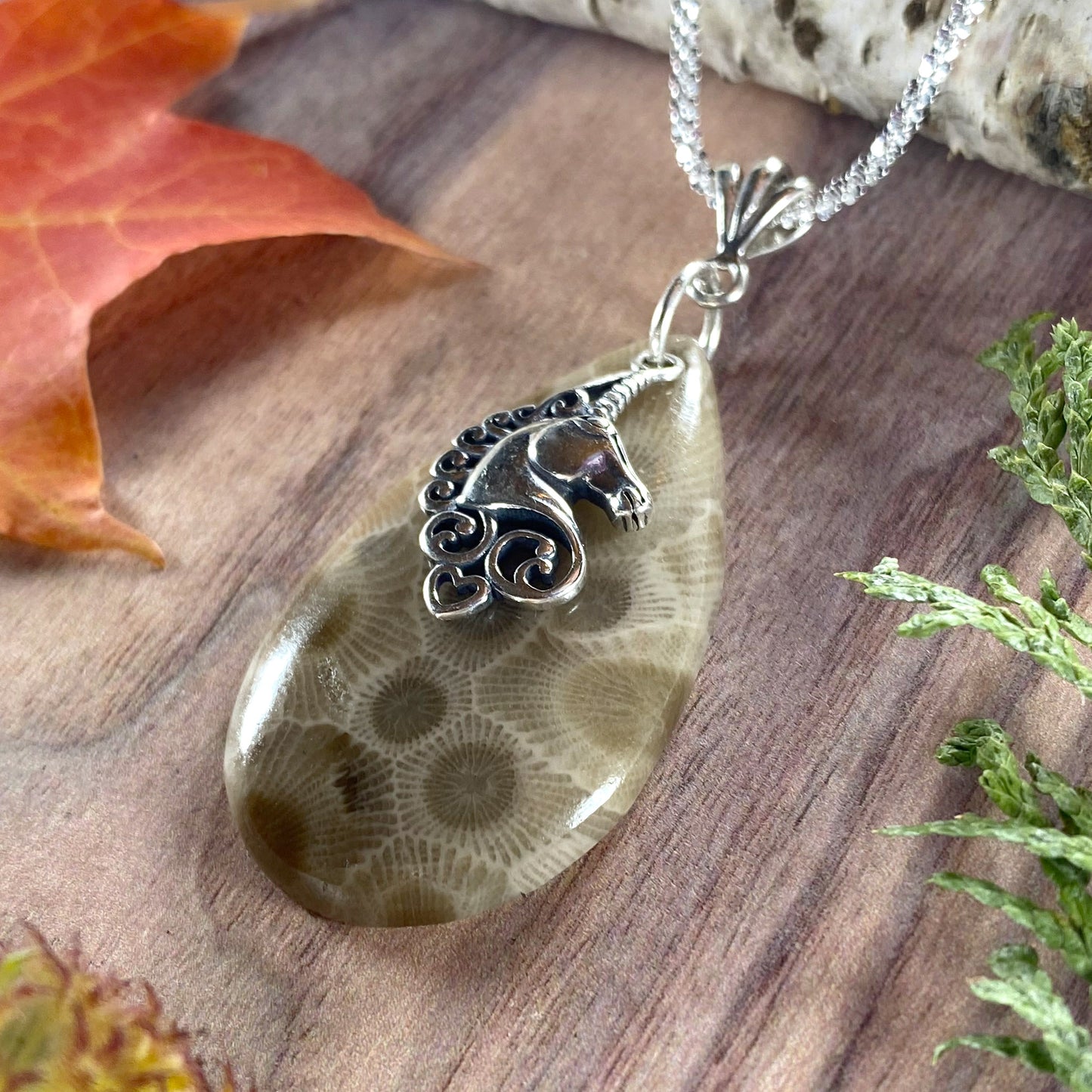 Petoskey Stone Unicorn Charm Pendant Front View III - Stone Treasures by the Lake