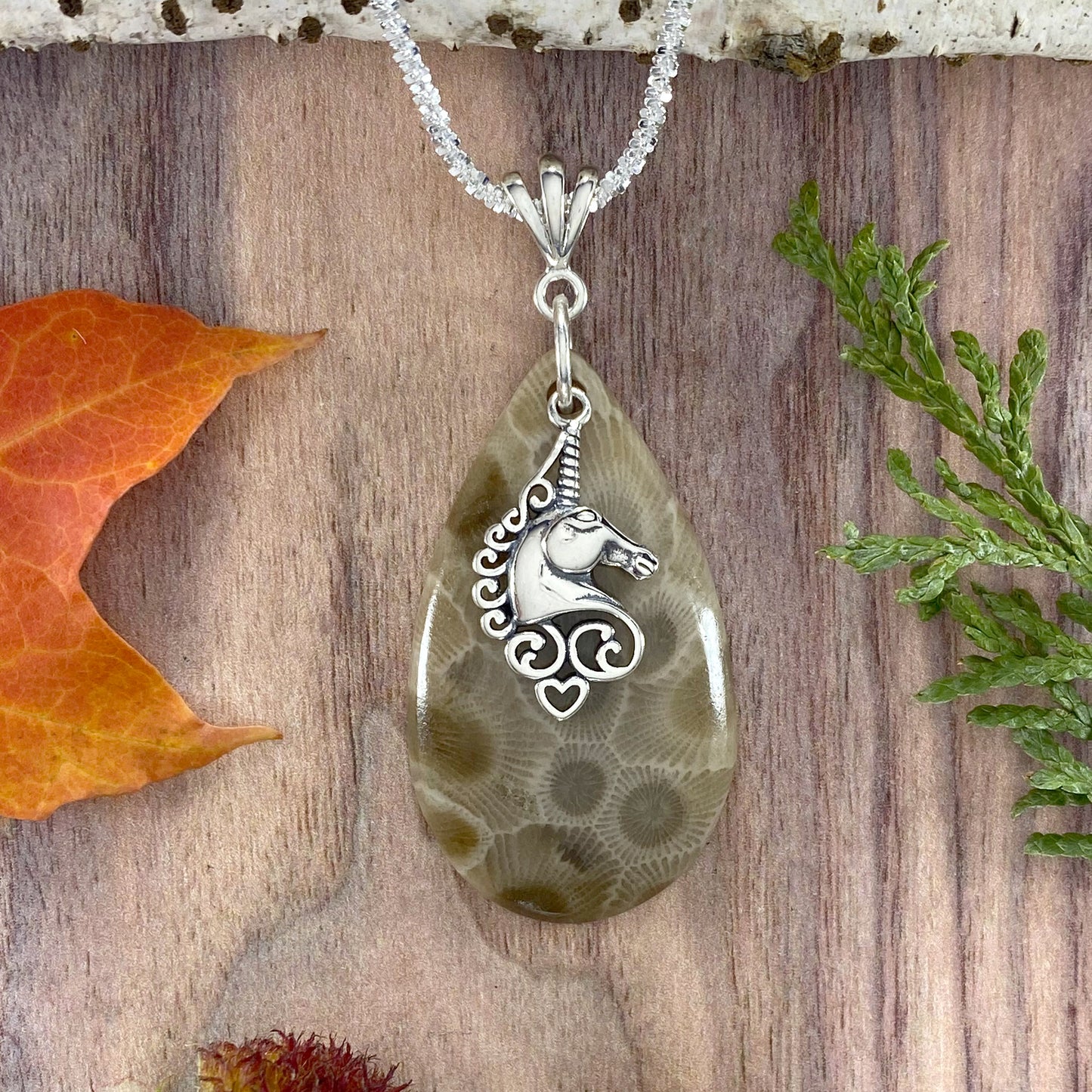 Petoskey Stone Unicorn Charm Pendant Front View - Stone Treasures by the Lake