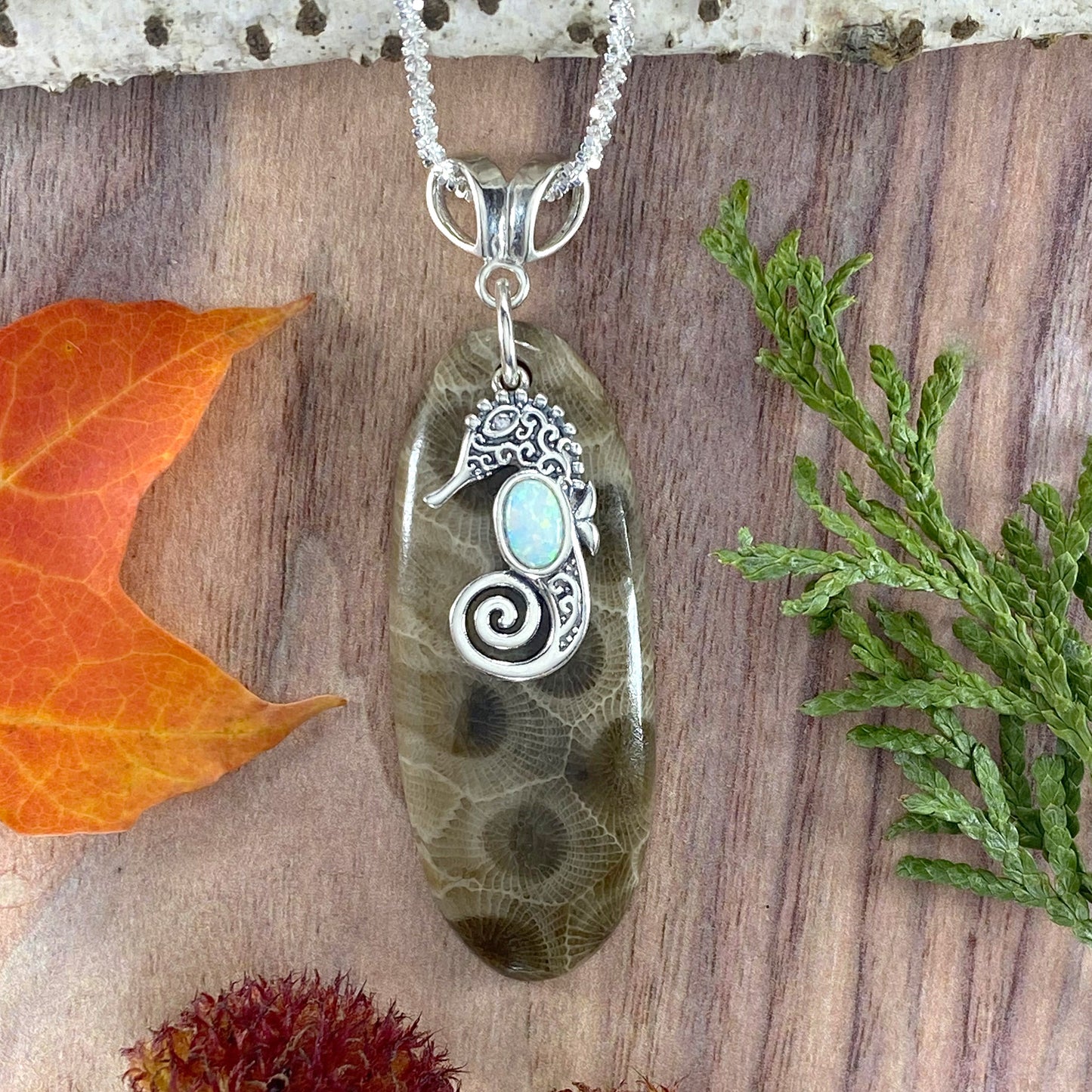 Petoskey Stone Seahorse Charm Pendant Front View - Stone Treasures by the Lake