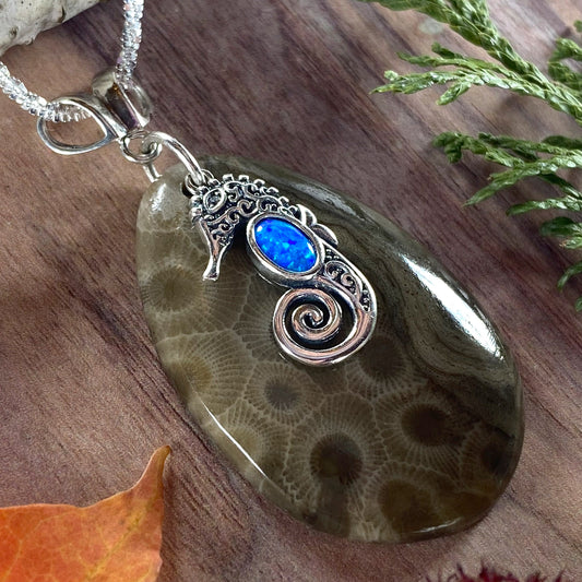 Petoskey Stone Seahorse Charm Pendant Front View II - Stone Treasures by the Lake