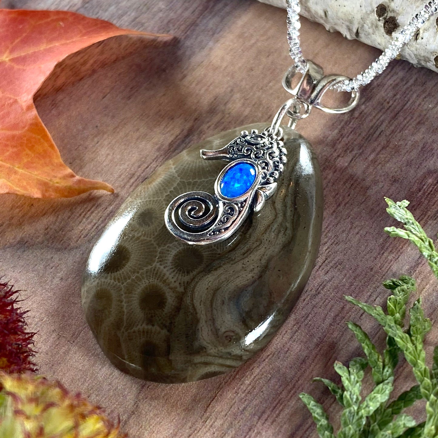 Petoskey Stone Seahorse Charm Pendant Front View III - Stone Treasures by the Lake