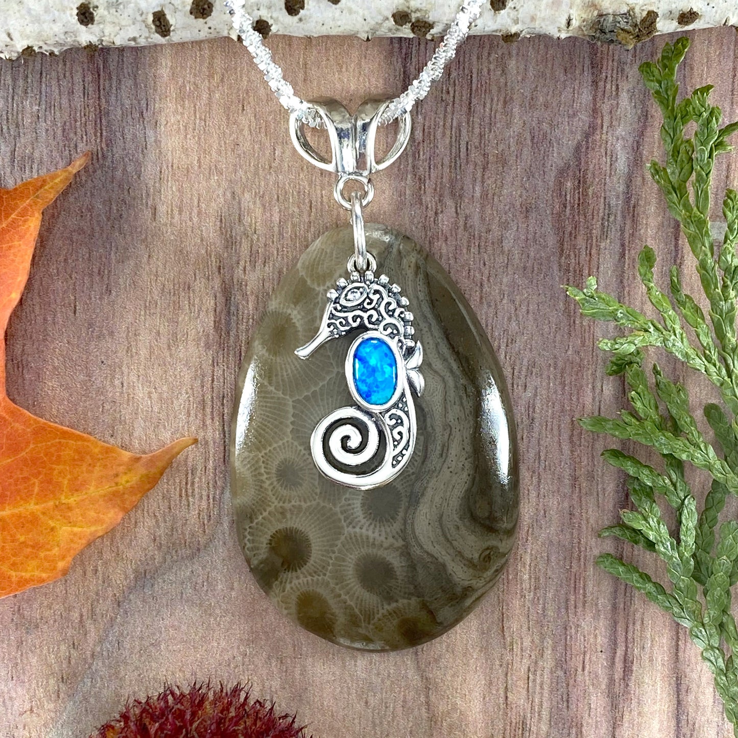 Petoskey Stone Seahorse Charm Pendant Front View - Stone Treasures by the Lake