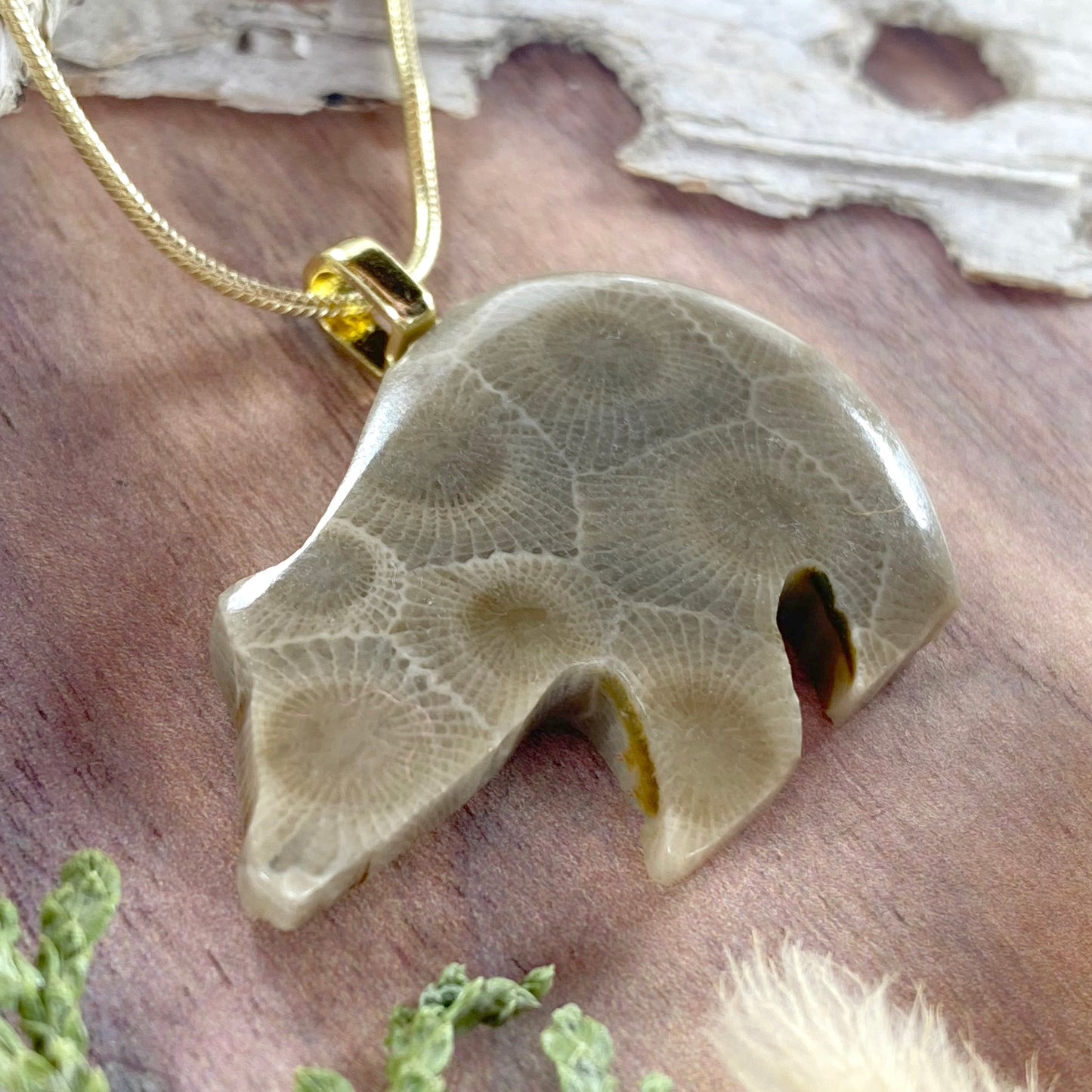 Petoskey Stone Bear Pendant Necklace Front View III - Stone Treasures by the Lake