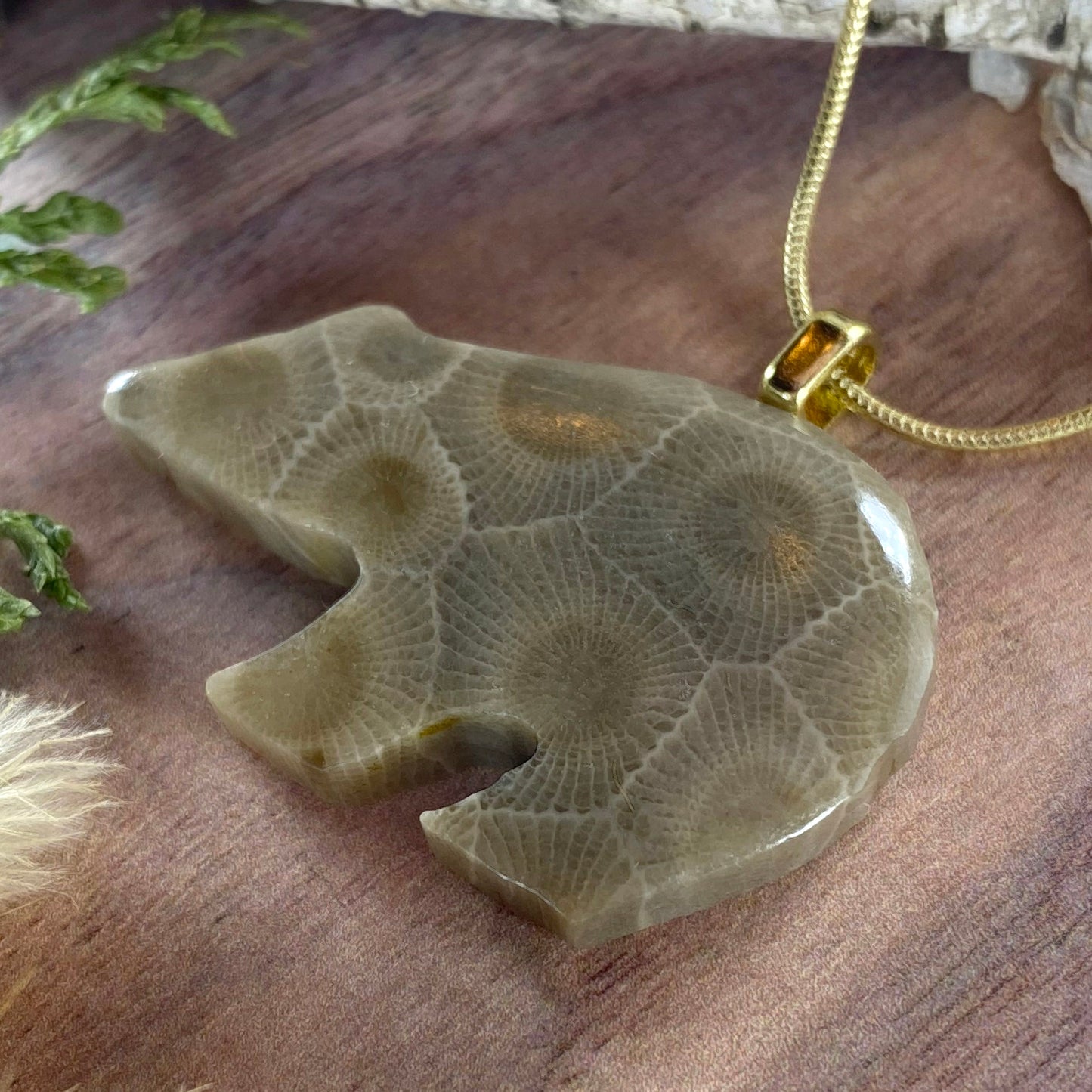 Petoskey Stone Bear Pendant Necklace Front View II - Stone Treasures by the Lake