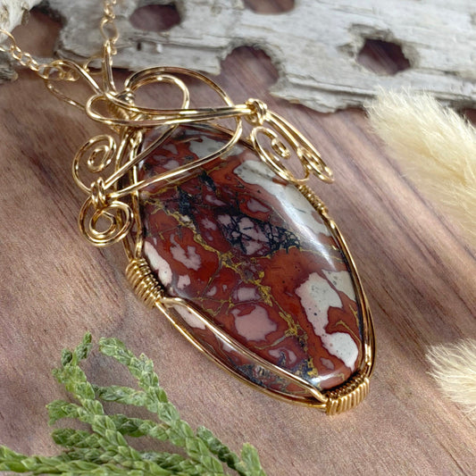 Inca Blanket Rhyolite Wire-Wrapped Necklace Front View II - Stone Treasures by the Lake