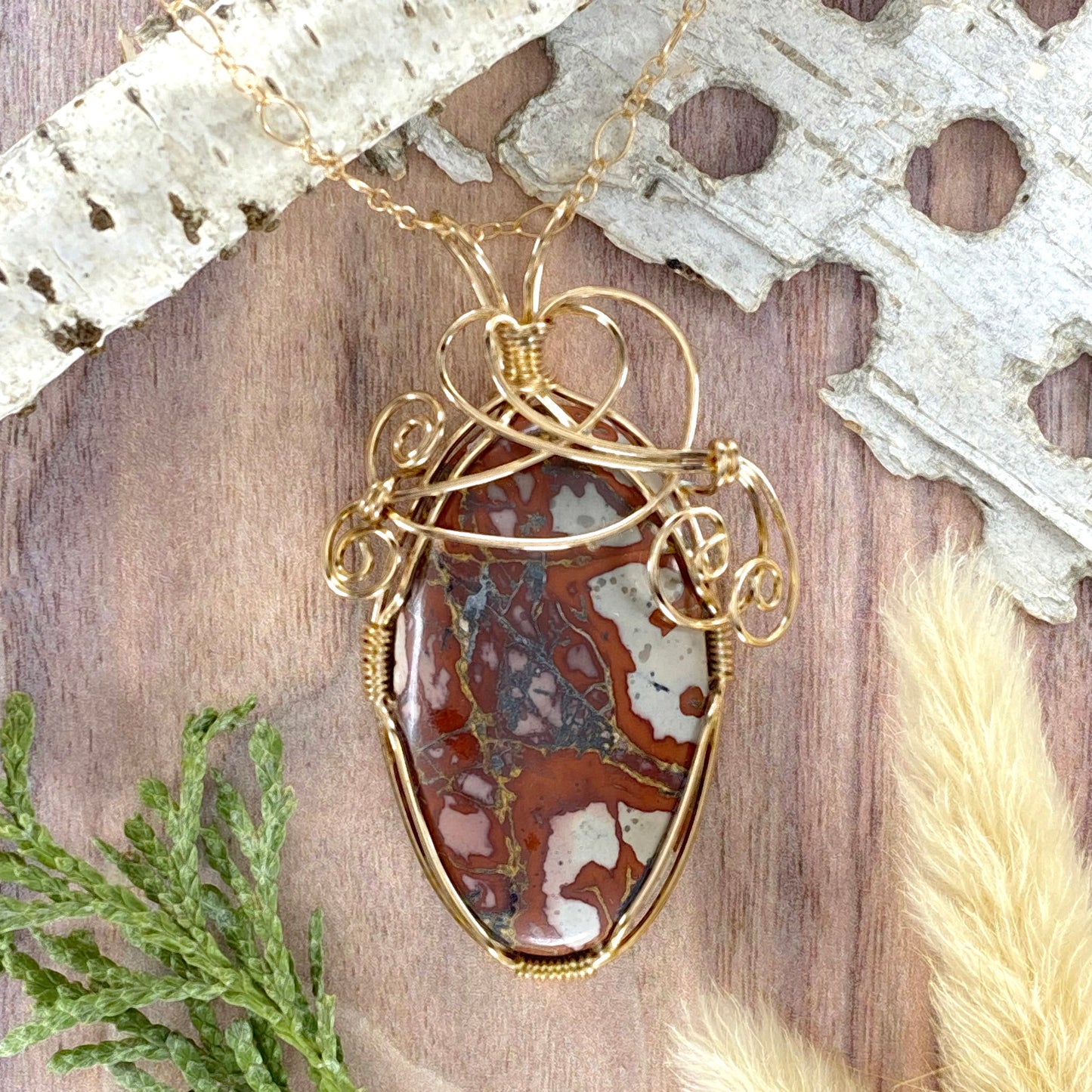 Inca Blanket Rhyolite Wire-Wrapped Necklace Front View - Stone Treasures by the Lake