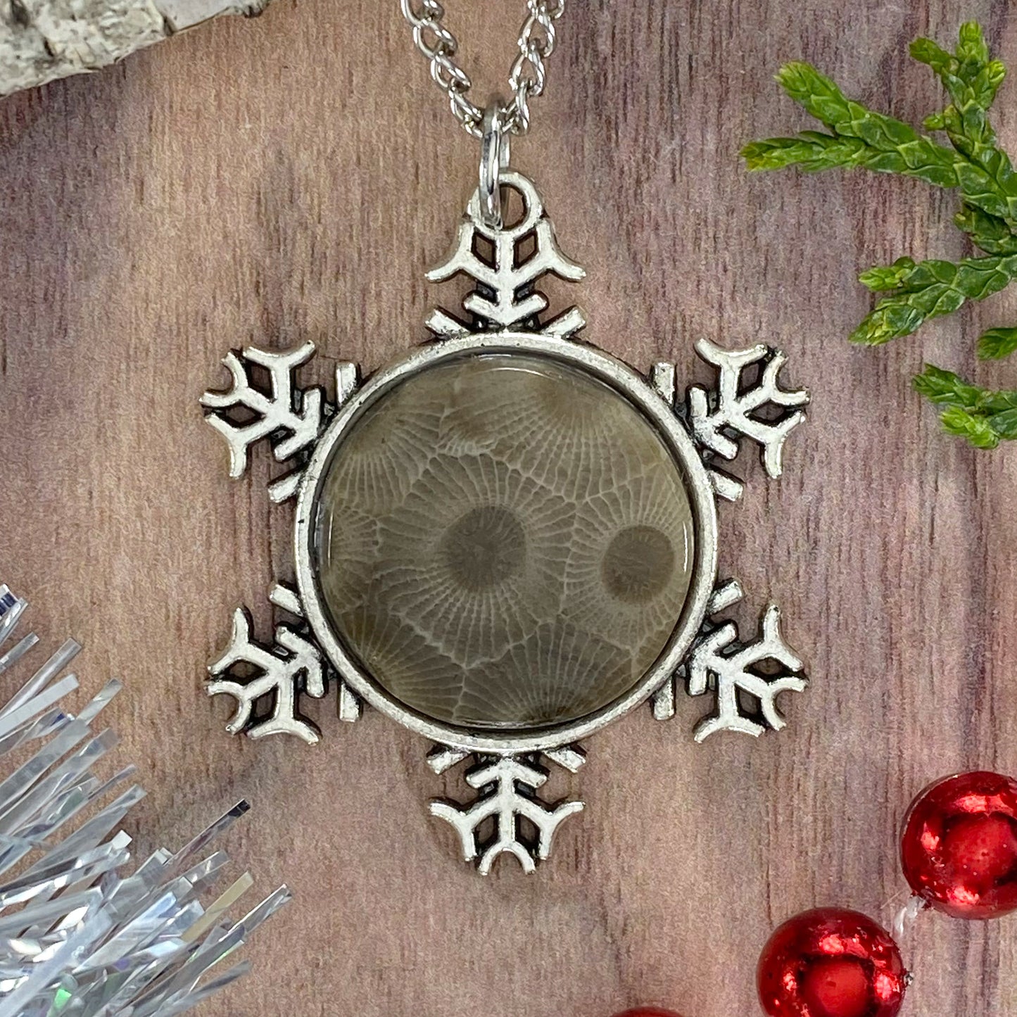 Petoskey Stone Snowflake Pendant Necklace B - Stone Treasures by the Lake